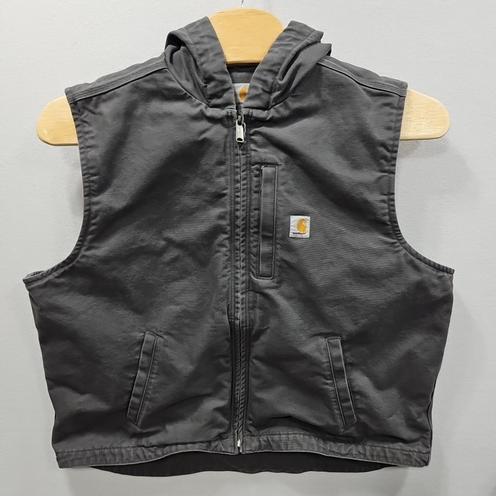 Carhartt‎ Canvas Hooded Fleece Insulation Vest Mens 2XL Gray Full Zip 103837